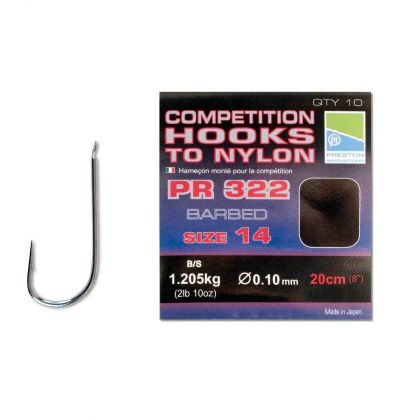 Preston Innovations Competition Hooks To Nylon PR322 clear - nickel witvis witvis onderlijn H20 20cm 0.08mm