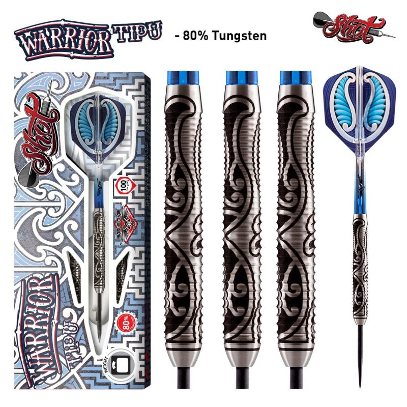 Shot Warrior Tipu 80% zwart -  zilver - blauw dartpijlen 21g